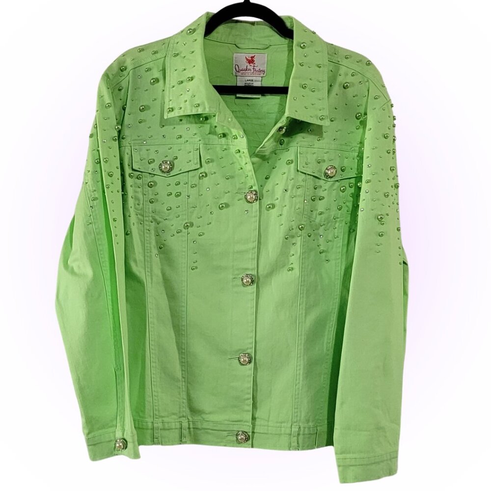 ROCKSTAR MCBLING PEARLS & RHINESTONES WOMEN'S LIME GREEN DENIM JEAN JACKET EUC L